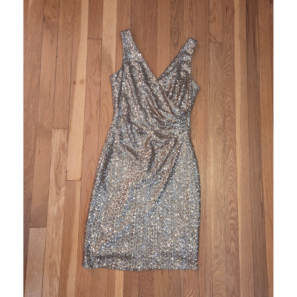 Lauren RL Sparkly Gold Glam Sequin Surplice V-Neck Sheath Cocktail Dress Sz 6 - Picture 6 of 12